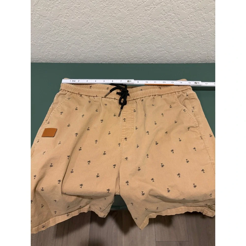 JMIERR Mens Tan Palm Tree Print Drawstring Shorts Size 34 Khaki Casual Summer